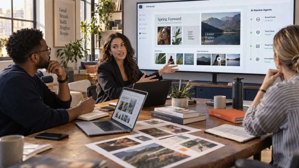 Illustrative Canva Pro 10-Day AI MasterCourse scene: a creative owner coordinating a team and reviewing a complete AI-assisted project.