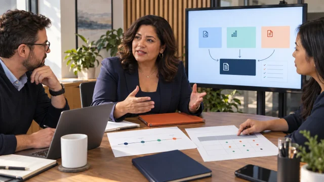 Illustrative CEO AI MasterCourse scene: a leader reviews coordinated research, scenarios and an operating plan with colleagues.