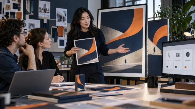 Illustrative Creative Director AI MasterCourse scene: a director reviews a coordinated, finished campaign across formats.