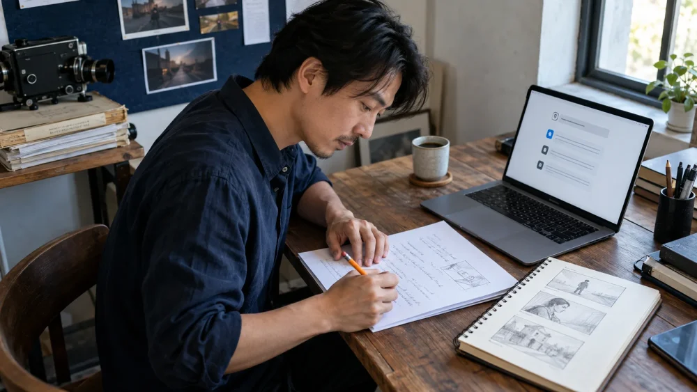Illustrative scene of a filmmaker developing a focused scene brief with a notebook, story frames and an AI conversation.