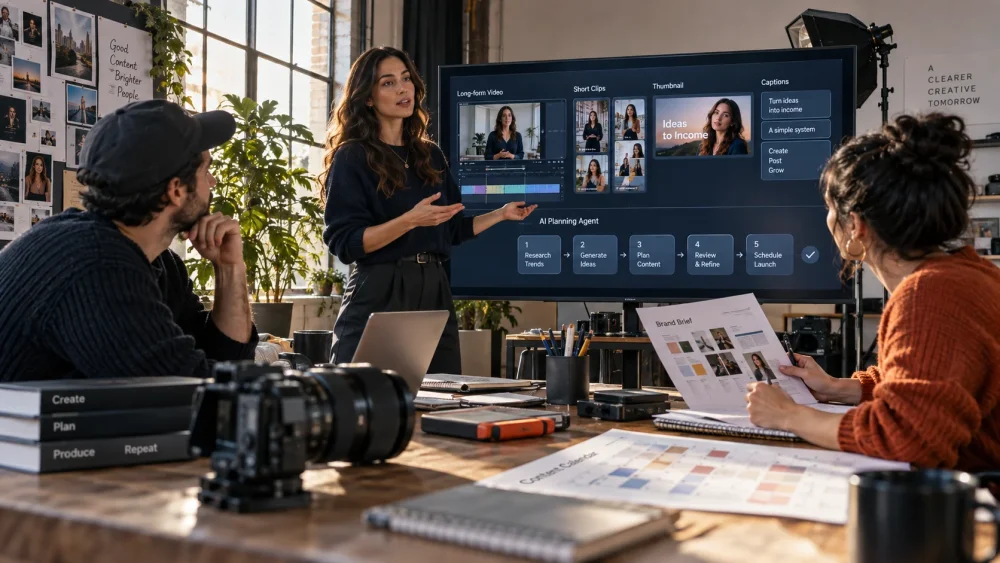 Illustrative Influencer 10-Day AI MasterCourse scene: a creative owner coordinating a team and reviewing a complete AI-assisted project.